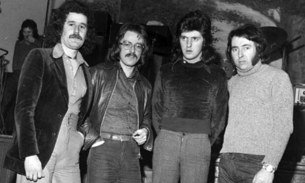 Jolson when their hair was long, heels were high and trousers wide, from left, John Smith, Jim Walker, Brian Hosie and Alan Robertson pictured in March 1975. Image: DC Thomson