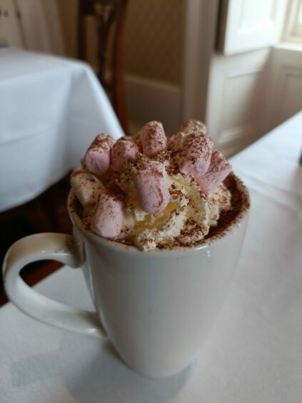 Hot chocolate topped with marshmallows at The Orchard Tea Rooms.