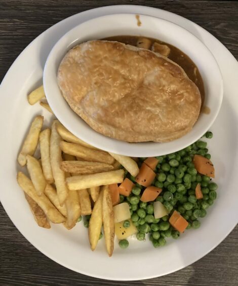 Chicken and Haggis Pie with chips and vegetables at the Station Hotel in Stonehaven.
