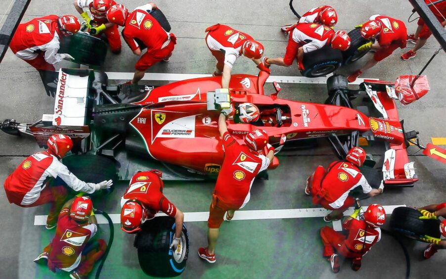 A pit stop crew at work at an F1 Grand Prix