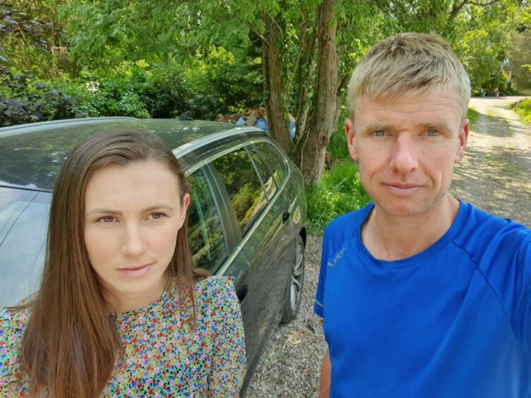 Robyn and Andrew King, whose car was damaged by a peacock at the Roman Camp Hotel in Callander.