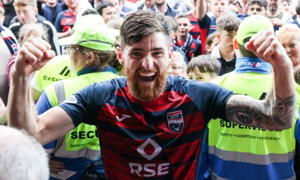 Jack Baldwin celebrates Ross County's epic play-off final win against Partick Thistle. Image: SNS