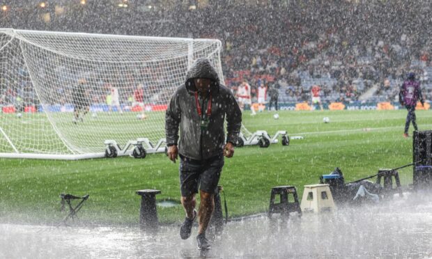 The deluge which fell on Hampden ahead of kick-off between Scotland and Georgia. Image: SNS.