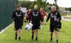 Manager Barry Robson, Peter Leven and Neil Simpson during an Aberdeen training session earlier this season. Image: SNS.