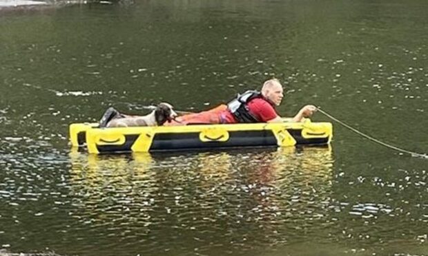A dog and a coastguard volunteer on board a inflatable recue boat in Glencoe.