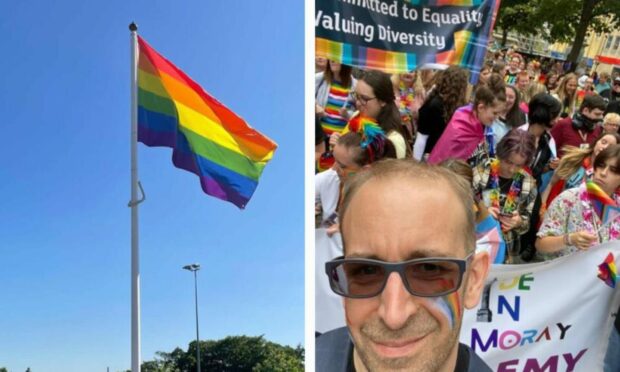 Left - rainbow flag flying and right - Pride in Moray chairman David Harrison standing.