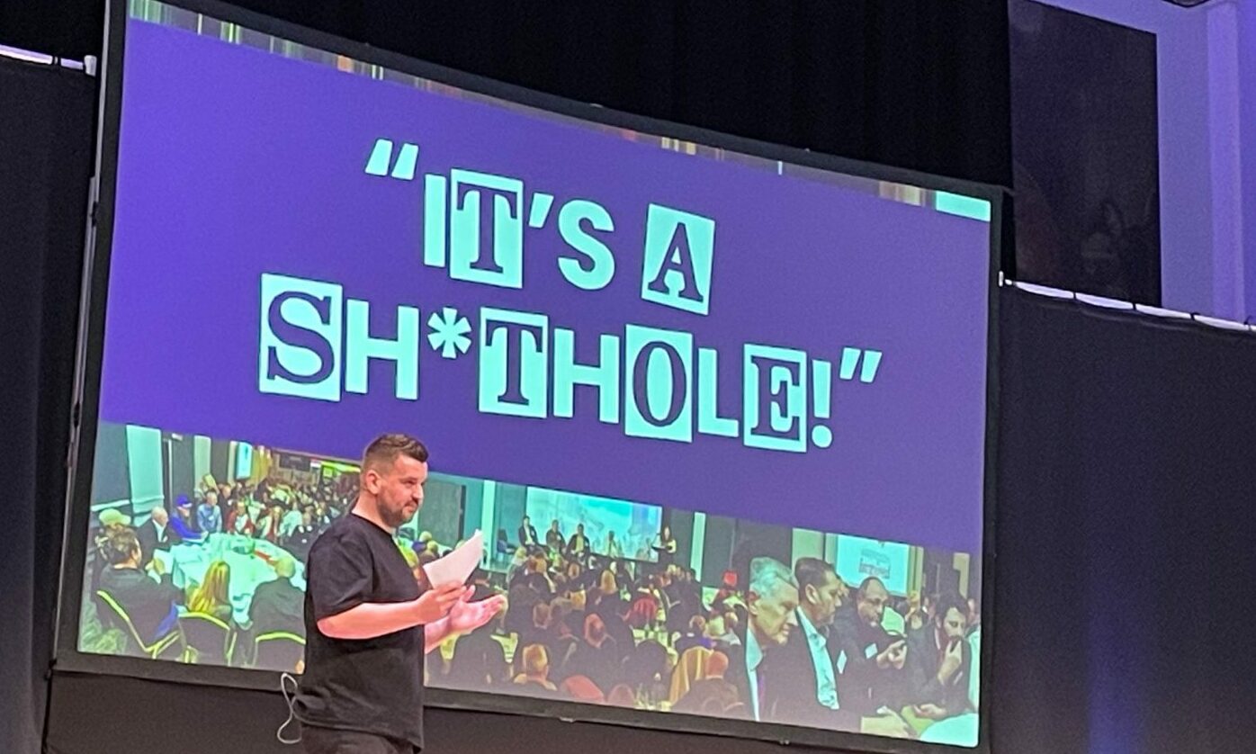 Presentation at Our Union Street's meeting at Aberdeen Music Hall which reads: "It's a sh*thole!"