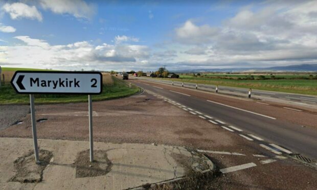 Google Maps image showing A90 southbound with Marykirk sign at junction in foreground.