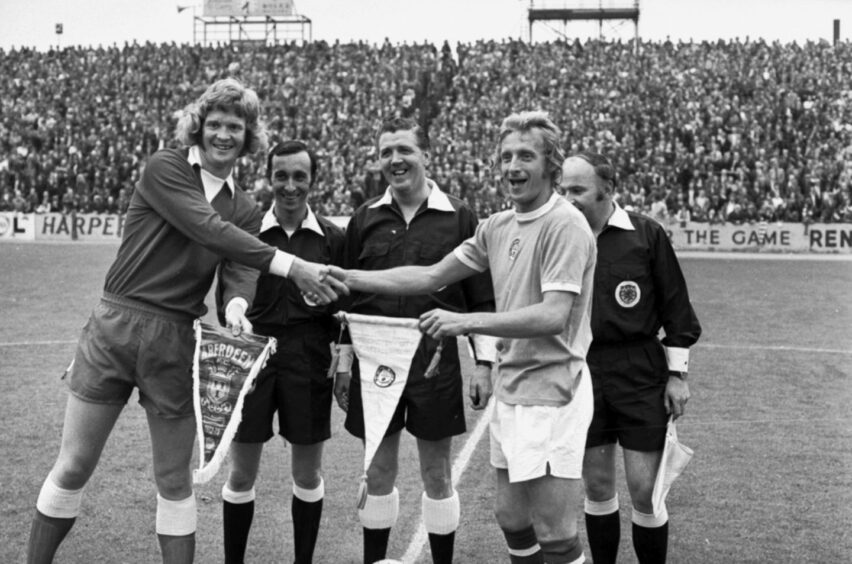 Denis Law (right) captaining Manchester City against Aberdeen at Pittodrie in 1973. 