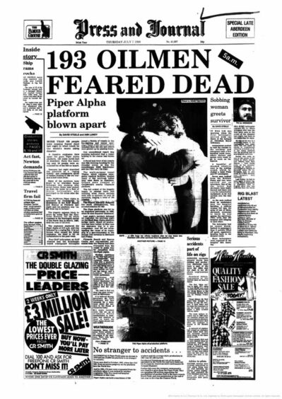193 Oilmen feared dead, P&J Front Cover dated July 7, 1988. Supplied by DCT Archives