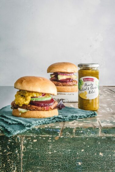 Vegan burgers and pickle.