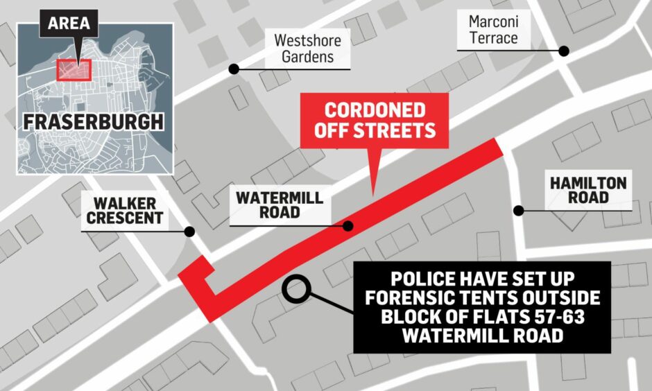 Map of the area of a police cordon in Fraserburgh. 