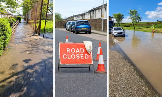 A collage of a photo of a road closure on Newhills Avenue and flooding in the area in Bucksburn.