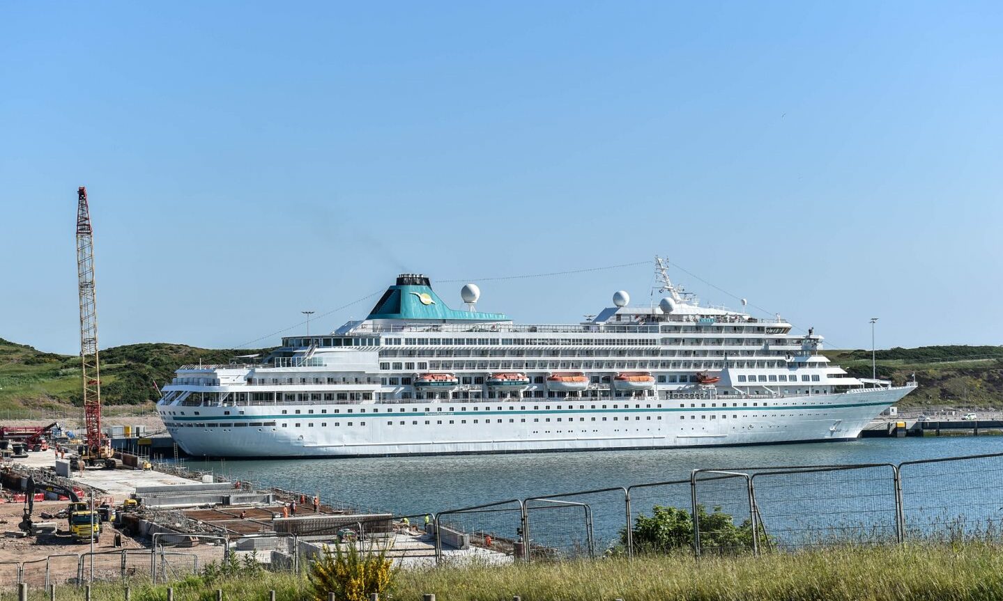 A cruise ship arriving at Aberdeen South Harbour 