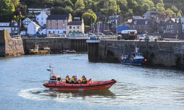 An RNLI lifeboat in Stonehaven harbour.