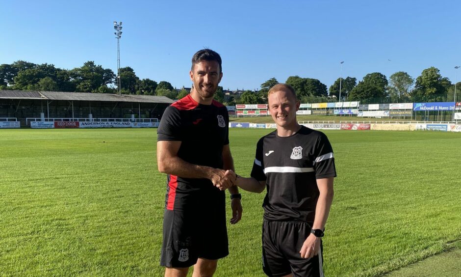 Elgin City manager Ross Draper with midfielder Russell Dingwall