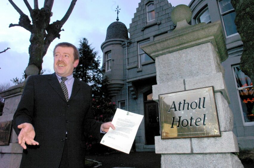 Managing partner, Gordon Sinclair, pictured in 2005 when he was forced to put up a notice denying the hotel was for sale. Rumours were rife that it was to go on the market for£4 million.