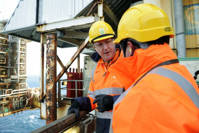 Former prime minister David Cameron tours BP's Etap platform in the North Sea in 2014.