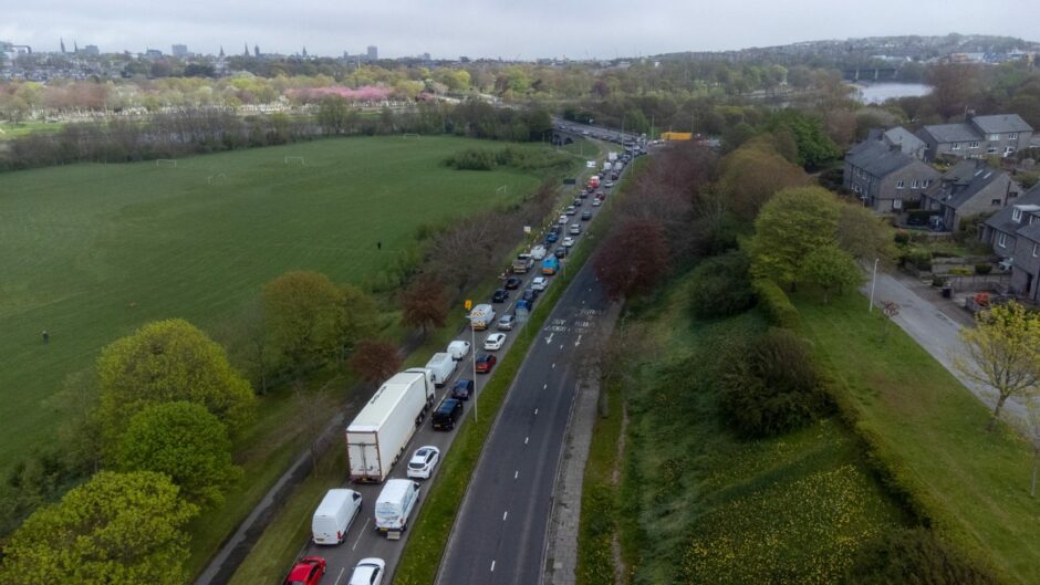 Traffic builds towards the King George VI bridge. Image: Kenny Elrick/DC Thomson