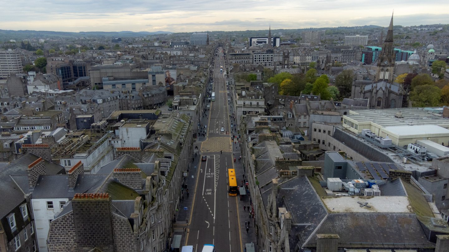An aerial photograph of Union Street, Aberdeen. 