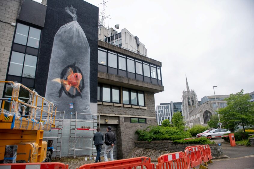 Murmure's mural "Anarchy" at 79 Queen Street, featuring a goldfish in a plastic bag.