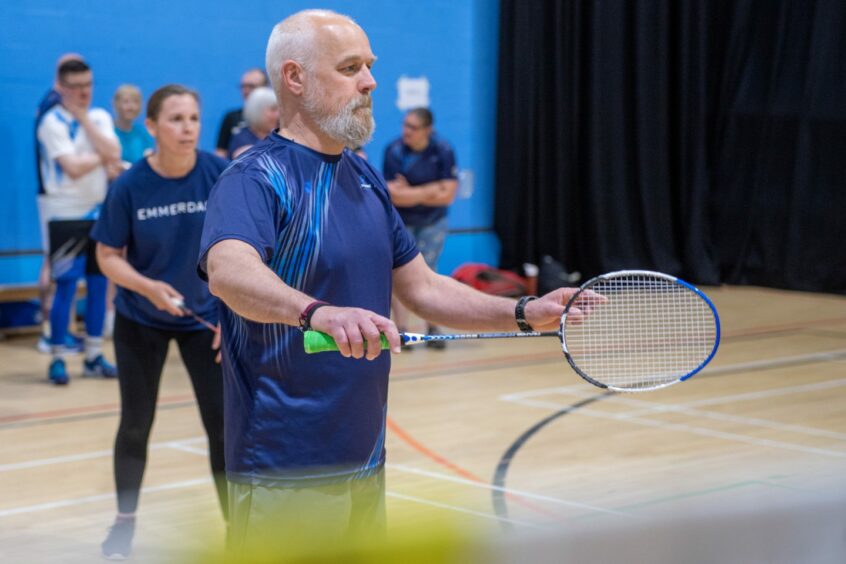 Emmerdale's Executive Producer Jane Hudson playing badminton with Mike Aspley 