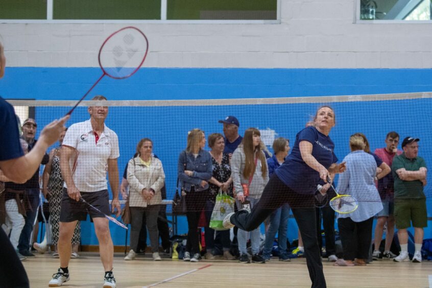 The Emmerdale's Nicola Wheeler playing badminton with Sandy Ingram.