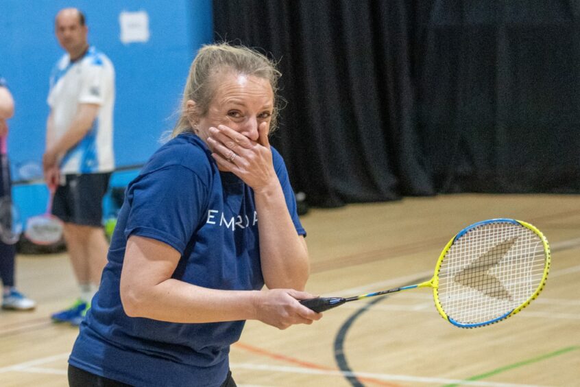 Emmerdale's Nicola Wheeler playing badminton with Sandy Ingram.