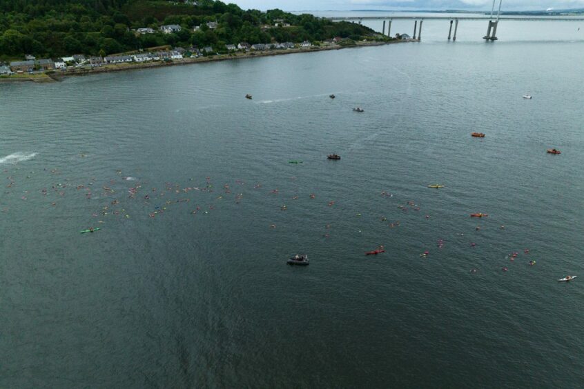 Aerial view of the Moray Firth during the Kessock Ferry Swim.