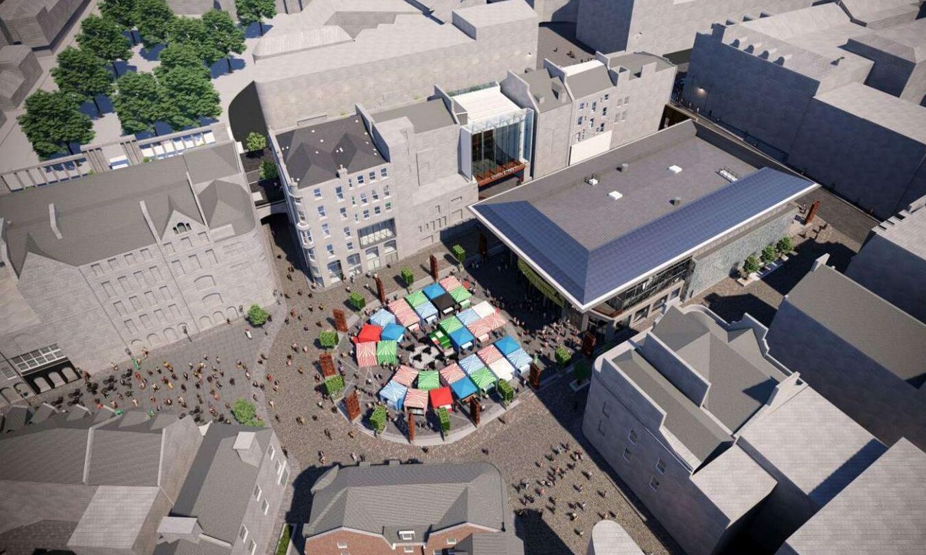 The Green could host market stalls outside the planned new Aberdeen market, to be built by the city council. Image: Halliday Fraser Munro/Aberdeen City Council