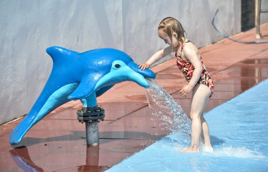 False dolphin and little girl.