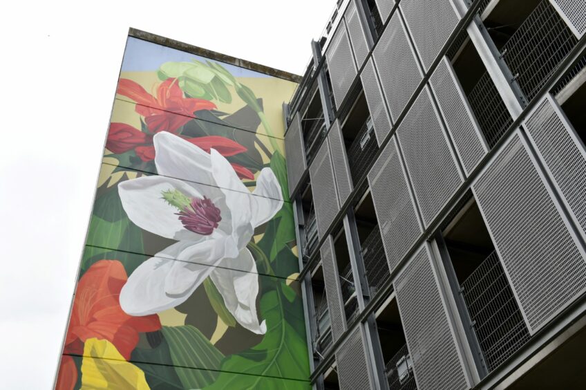 Colourful and floral artwork by Thiago Mazza on the side of a building in Aberdeen for Nuart 2023.