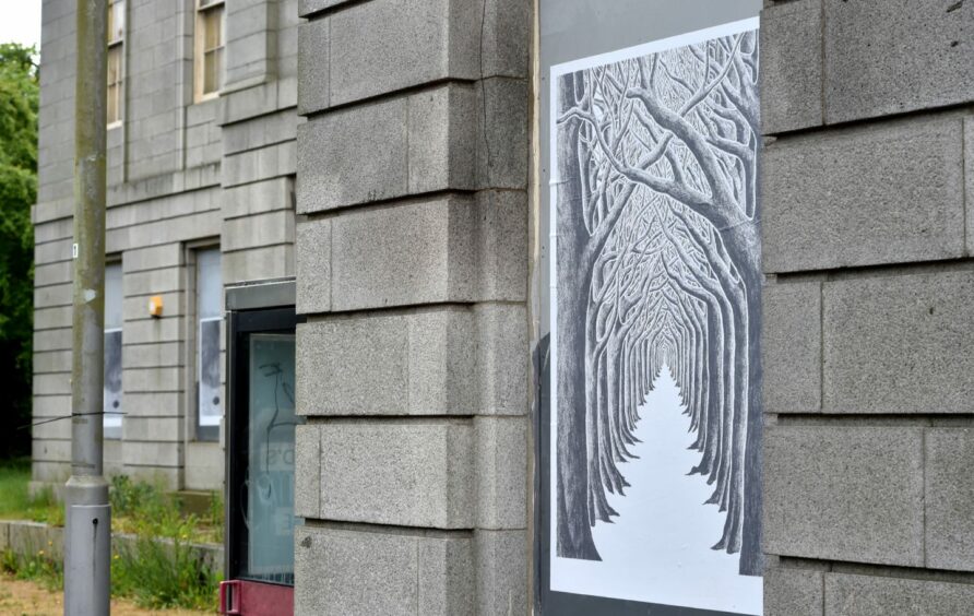 Artwork by Stanley Donwood featuring a path through a wooded area.