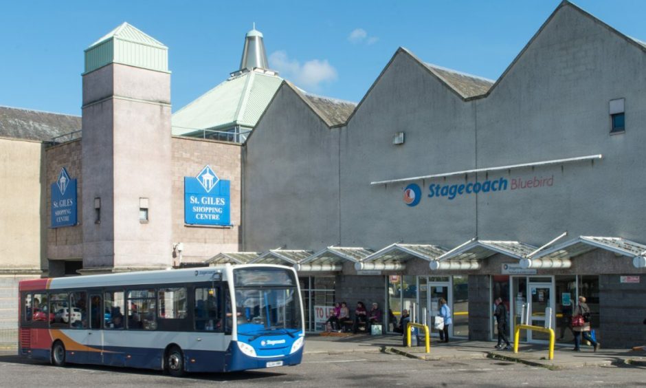 Stagecoach bus pulling away from Elgin bus station.