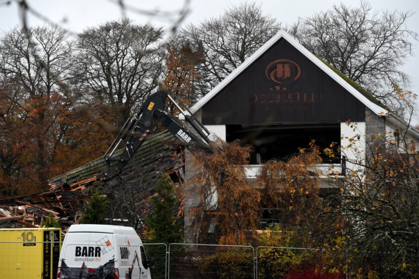 Demolition of the Hilton Treetops hotel begins in November 2020 as Malcolm Allan Housebuilders plans housing on the site.  Image: Kenny Elrick/DC Thomson.