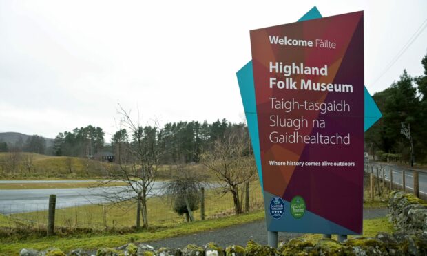 The main sign post to Highland Folk Museum in Newtonmore.