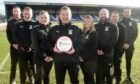 Club secretary Fiona McWilliams, right of Billy Dodds, centre, following the ICT boss winning the  manager of the month prize in January. Image: Sandy McCook/DC Thomson