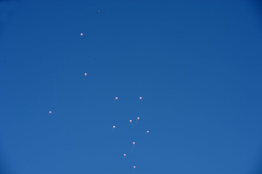 Pink balloons released in memory of Milnafua tot Mia Macphee. Image by Sandy McCook / DC Thomson.