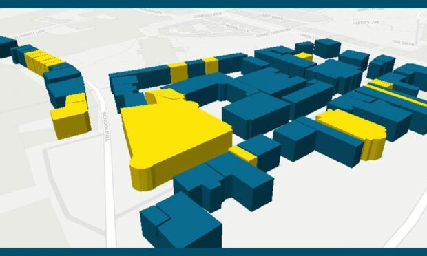 A 3D model showing Aberdeen city centre shops and coloured green and yellow to show which units are empty and which are occupied.