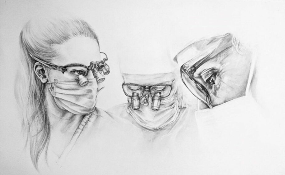 Rachel Jackson artwork depicting three dentists wearing face masks.
