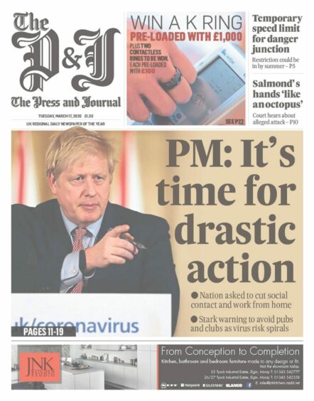 Its time for drastic action, P&J Front Cover dated March 17, 2020. Supplied by DCT Archives