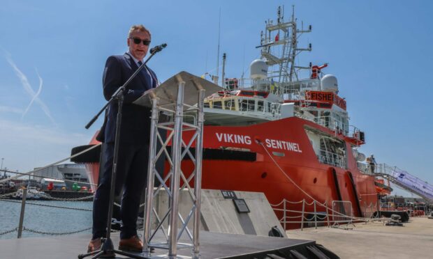Sentinel Marine chief executive Rory Deam makes a speech at the christening ceremony.