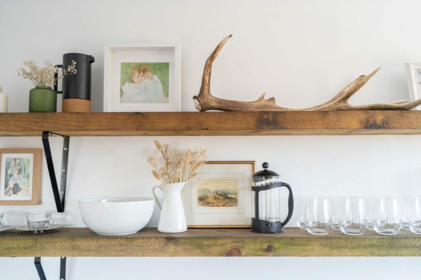 Rustic wooden shelves with modern decor in Ewe View farm airbnb in Newburgh