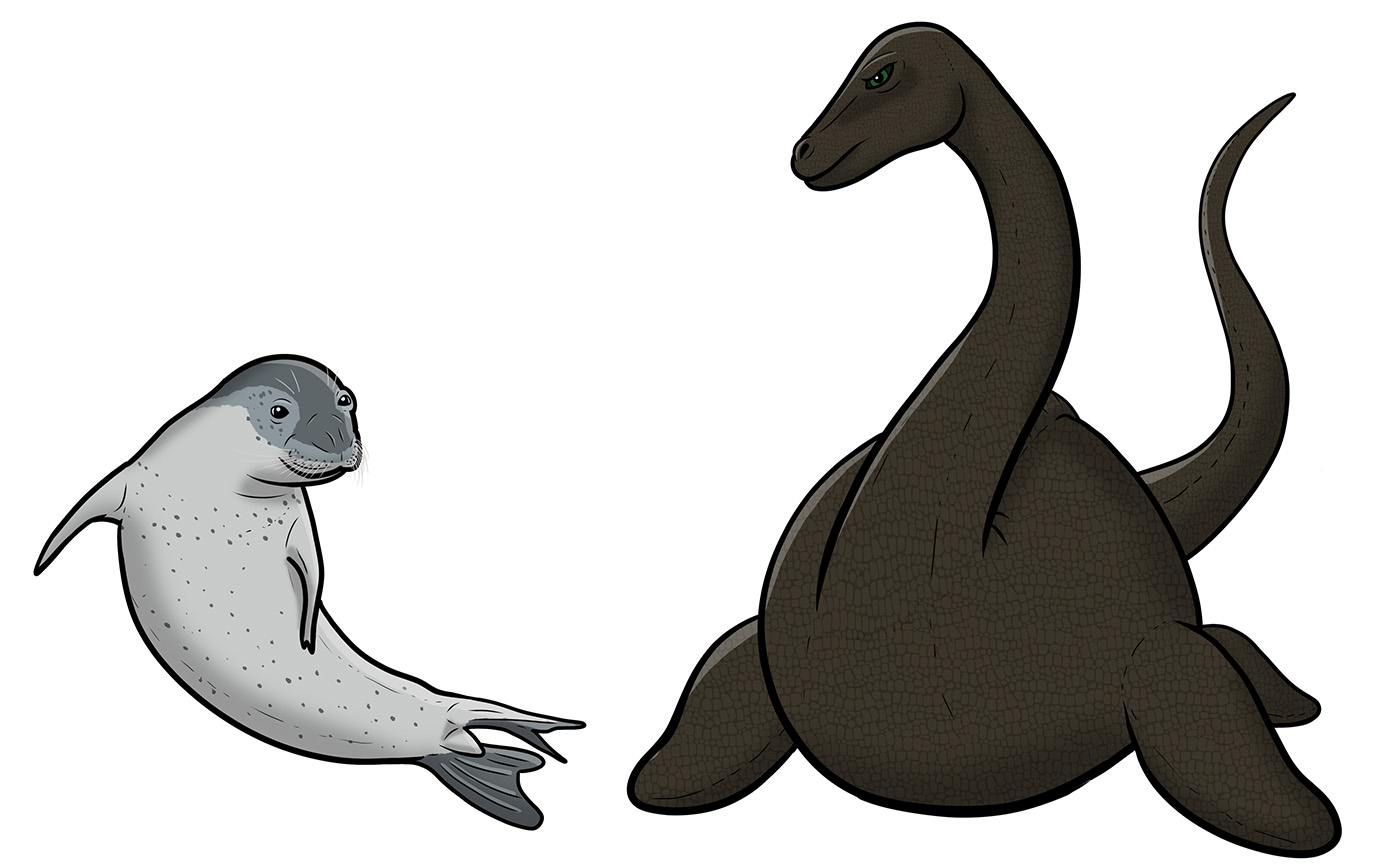 A seal on the left and the Loch Ness Monster on the right