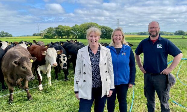 Deputy First Minister Shona Robison with Caroline and Ross Millar at Balkello Farm.