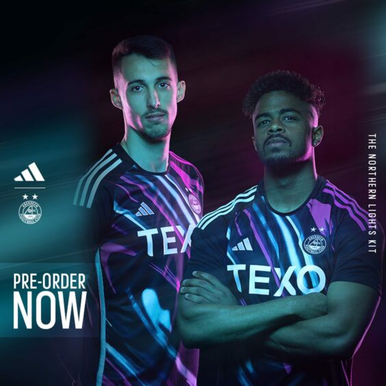 Aberdeen FC's new away kit for the 2023/24 season, inspired by the Northern Lights.