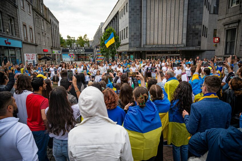 Ukrainian celebrate their Independence Day in August 2022 in Aberdeen city centre. Image: Wullie Marr/DC Thomson.