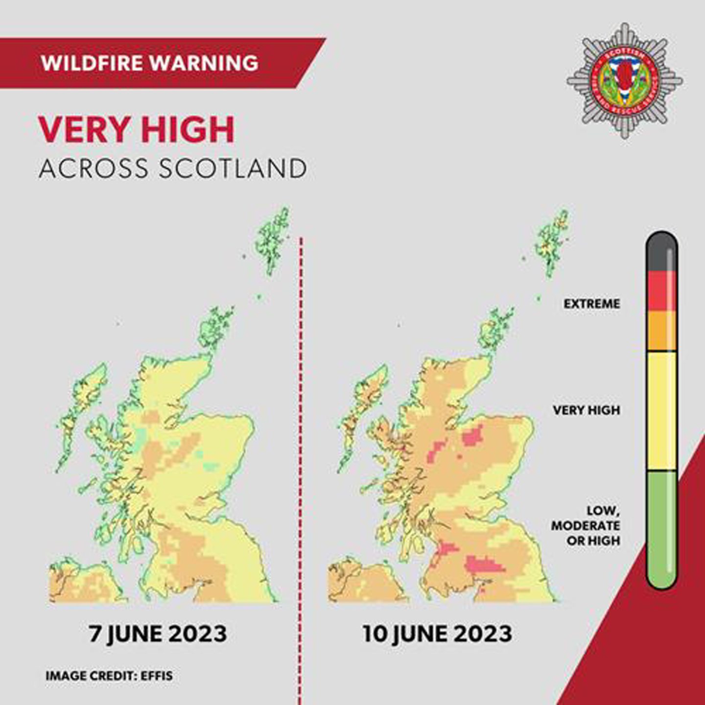 Map showing wildfire risk areas across Scotland. 