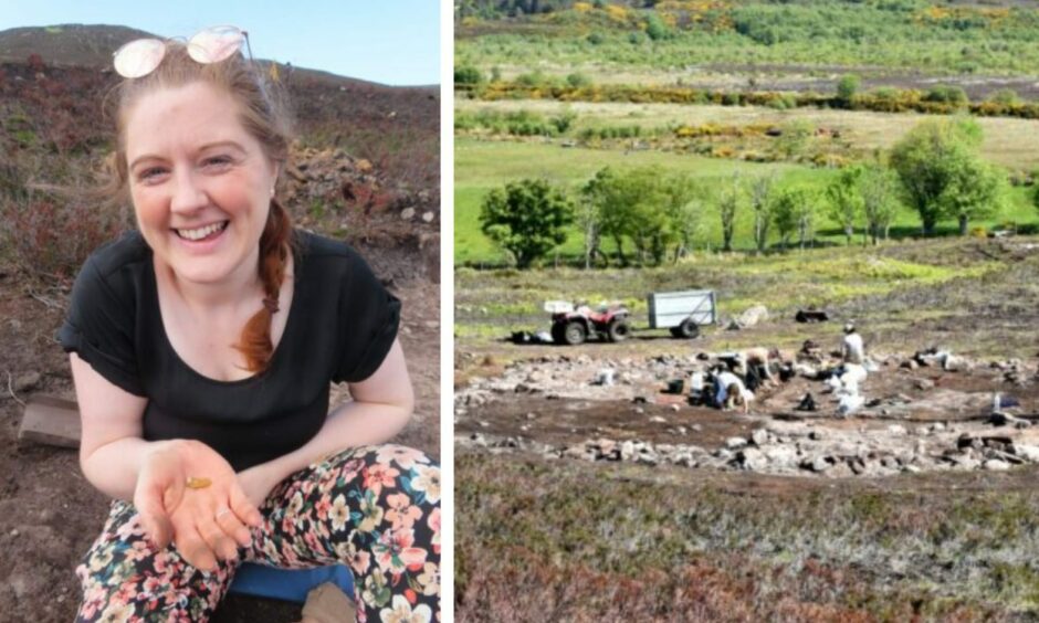 Rebeka Brett-Pitt with her flint find and other volunteers action at the round house excavation on Aultcraggie croft, Brora. Image: Sandy McCook/DCT