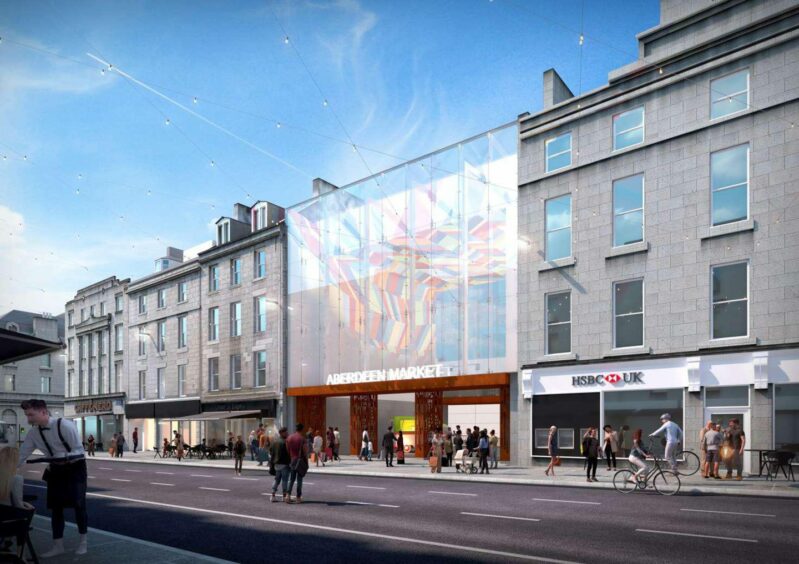 An impression of the new Aberdeen market at 91-93 Union Street with a glass front.